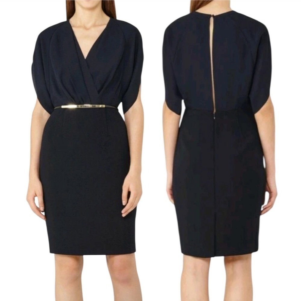REISS Lyon Knee Length Laser Cut Open Back Navy Blue Sheath Dress Sz 6 Office